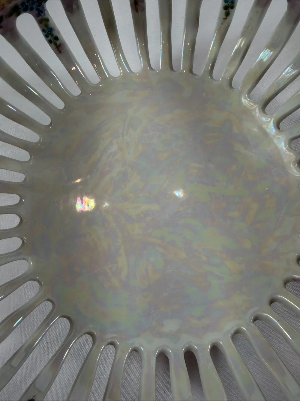 Vintage Reticulated Lattice Footed Fruit Bowl, Dresden-Style, Luster Glaze